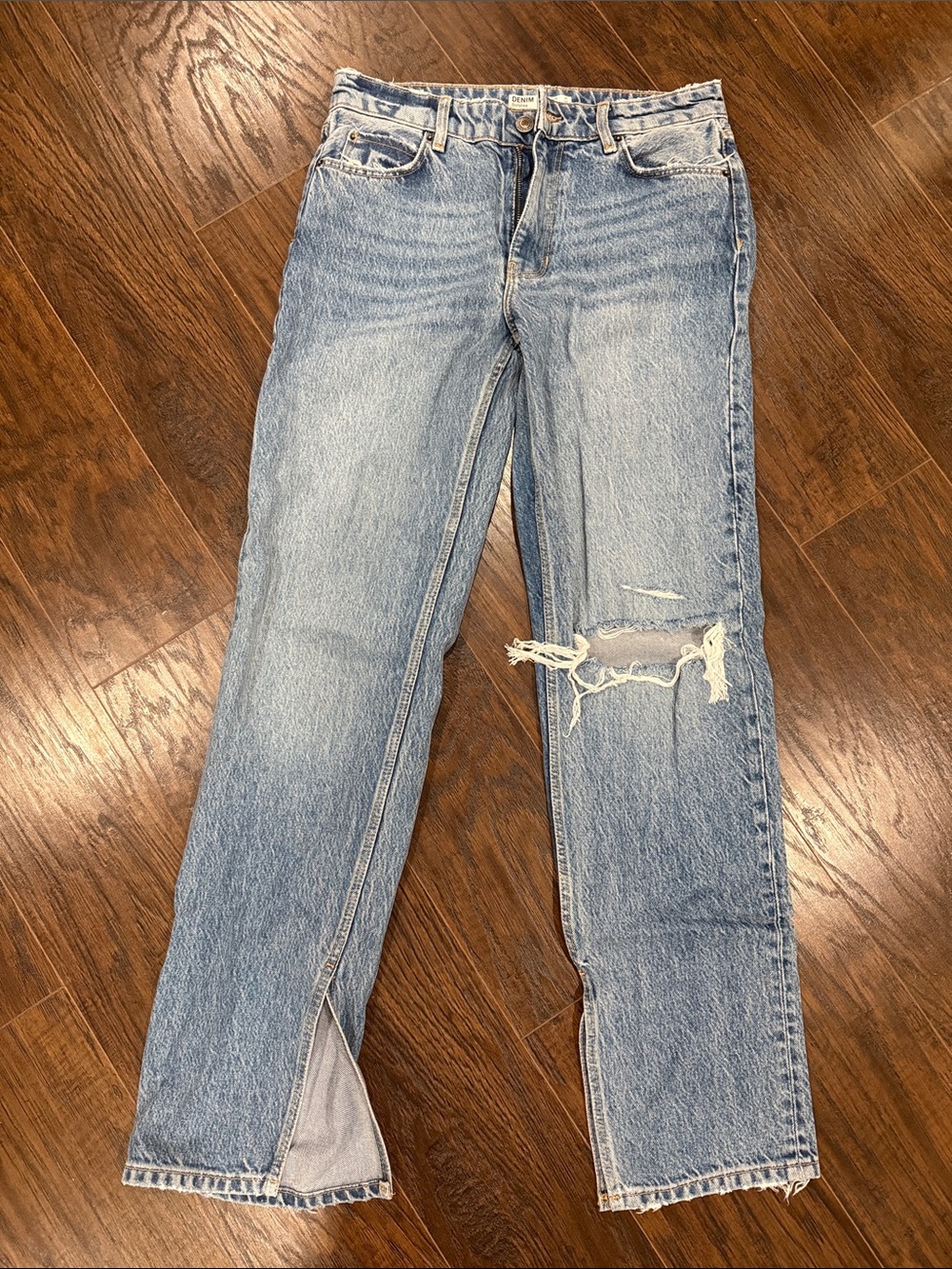 Bershka Light Blue Straight-Leg Jeans with Knee Distress